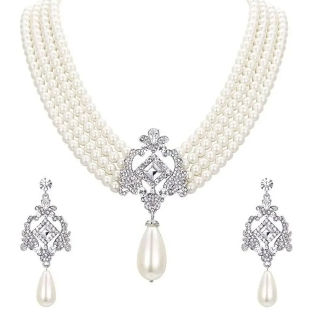 Silver Crystal & Faux Pearl Vintage Inspired Chandelier Necklace & Earrings Set